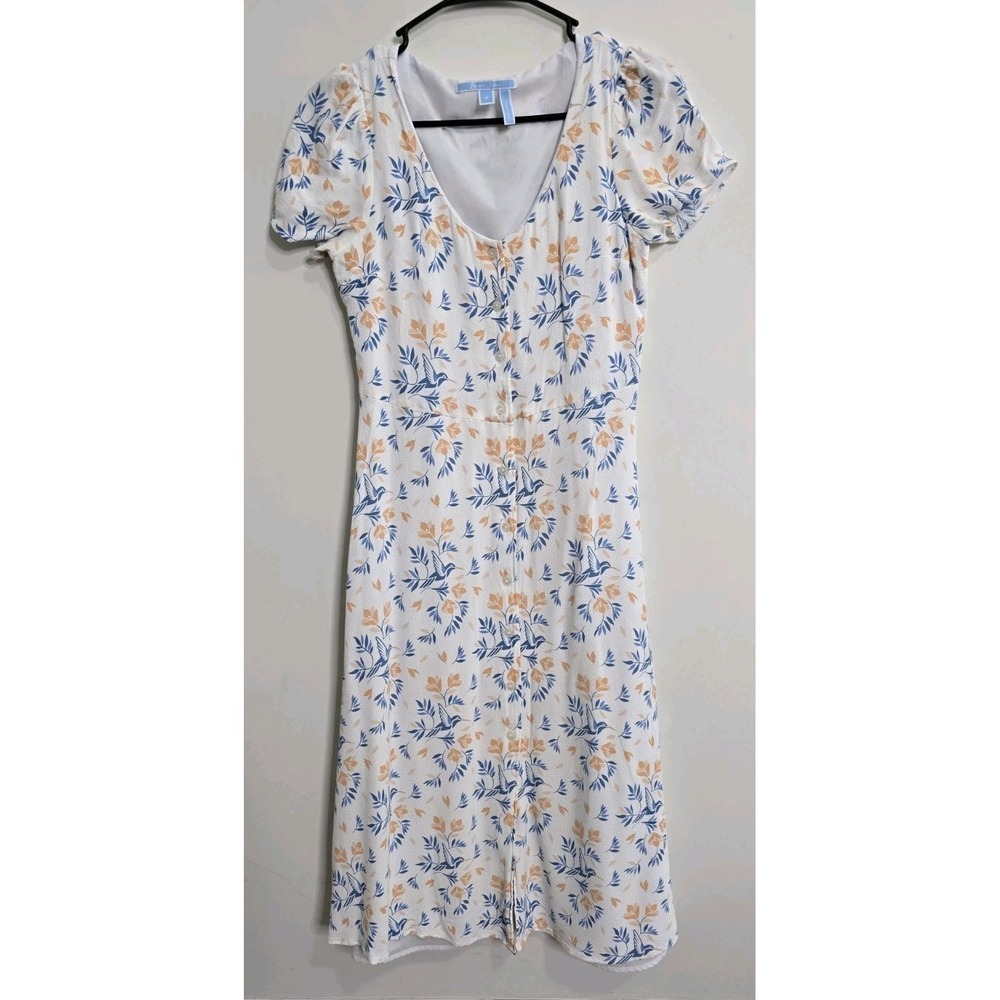 Draper James Dress Womens 4 White Blue Bird Floral Print Button Front Puff SMALL